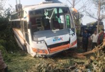 भोपाल-ब्यावरा हाईवे पर बड़ा हादसा: यात्री बस का टायर फटने से मची चीख-पुकार, डिवाइडर लांघकर खेत में घुसी बस