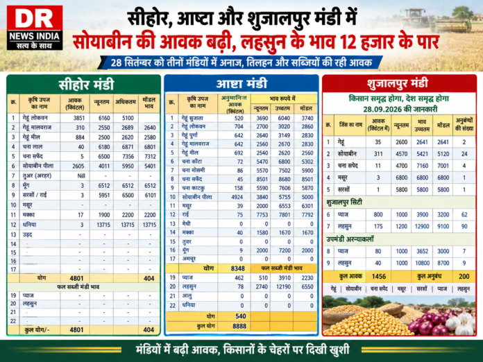 मंडी भाव 28 सितंबर: मंडियों में बढ़ी सोयाबीन की आवक, आष्टा में 4924 क्विंटल पहुंची; लहसुन ₹12,000 के पार